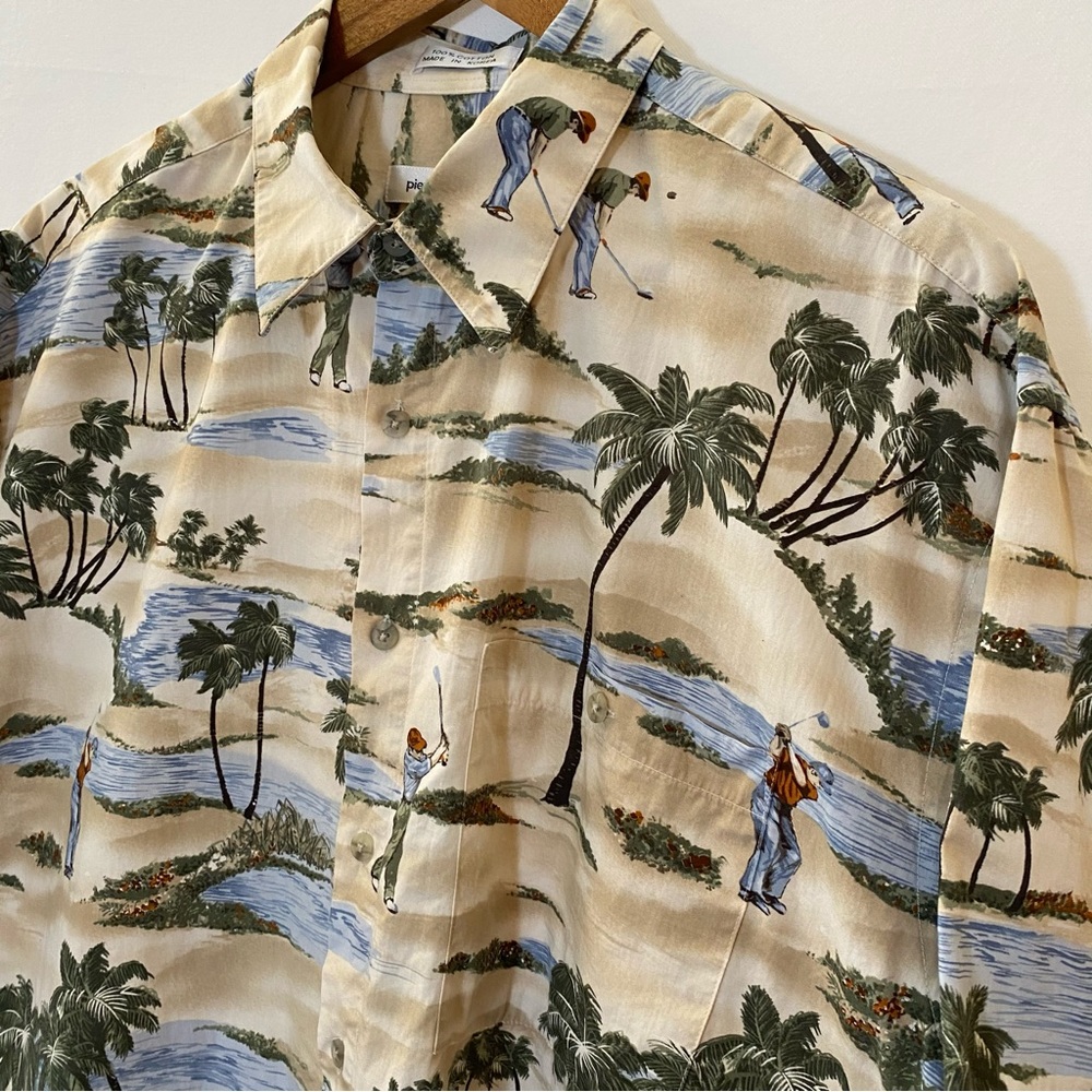 Pierre Cardin Golf Beige and Green Tropical Casual Button Down Shirt